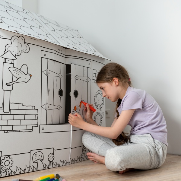 Dziecko kolorujące markerami tekturowy domek